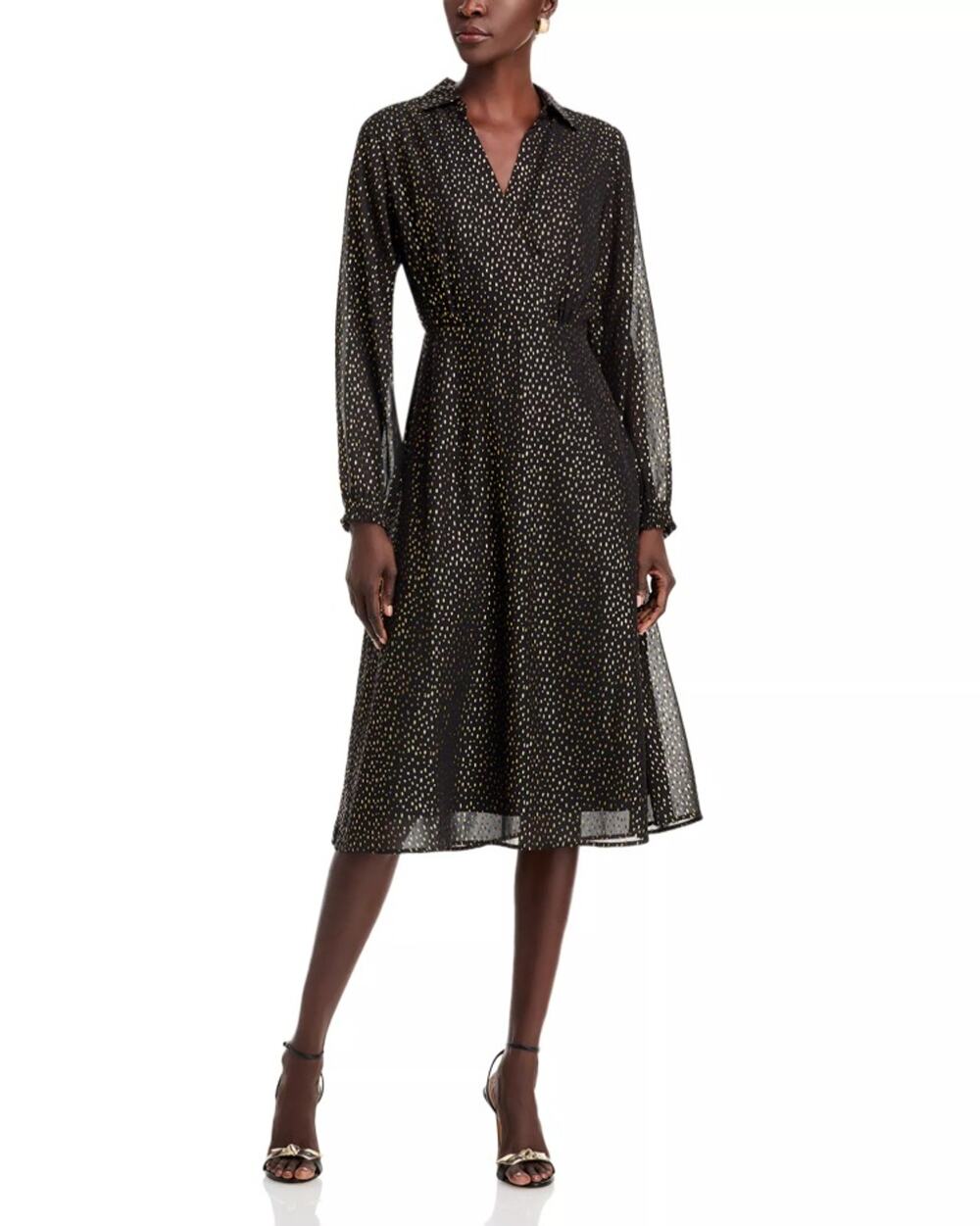 Koko + Mason Women Black Chiffon Gold Dot Cocktail Wrap V-Neck Midi Dress Size S